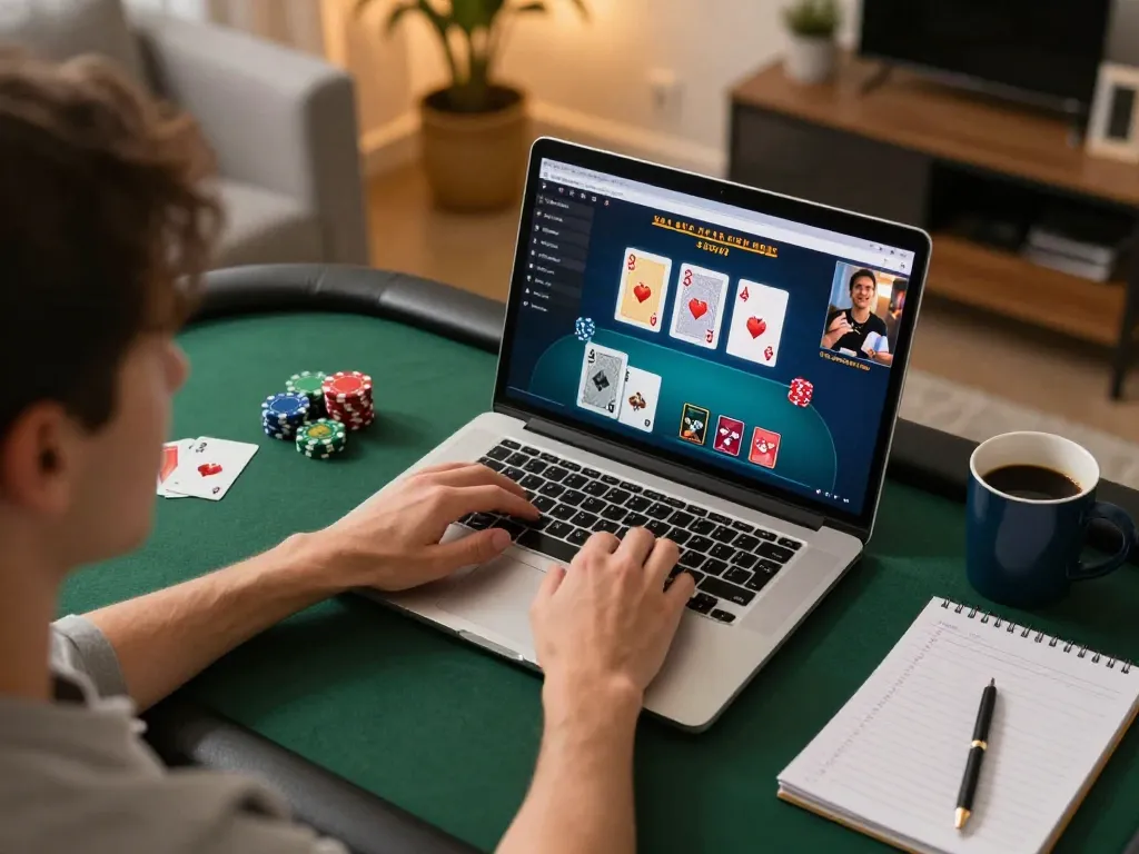 Player enjoying online poker on nk 88, with strategy notes and coffee in a cozy game setup.