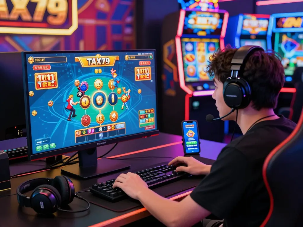 Excited gamer engaging in MAX79 Tài Xỉu online game, showcasing vibrant jackpot graphics and immersive atmosphere.