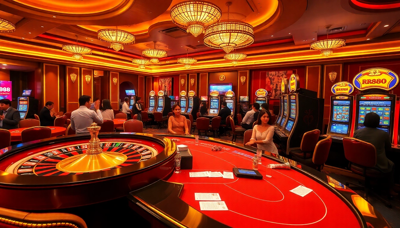 Exciting casino atmosphere featuring rr888 betting on roulette and slot machines.