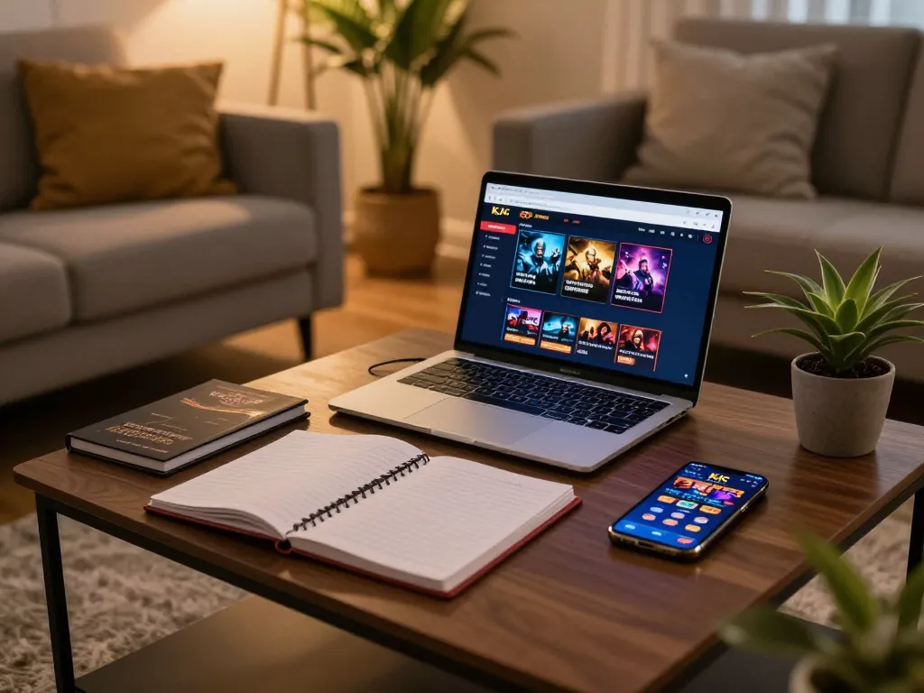 KJC online casino gaming setup with laptop and smartphone in a cozy environment.