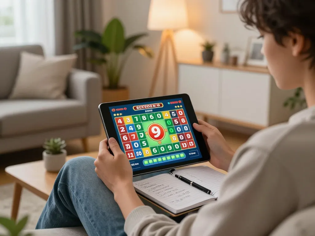 Playing 9 Lotto 4D online at home, showing tablet interface and strategy notes.