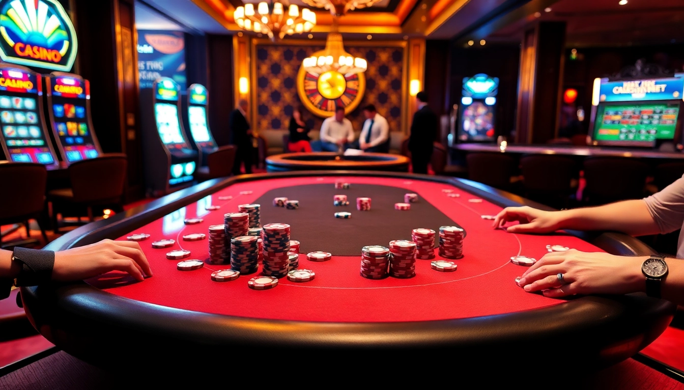 Experience thrilling gameplay at https://11win.mobi/ with luxury casino elements like vibrant poker tables and slot machines.