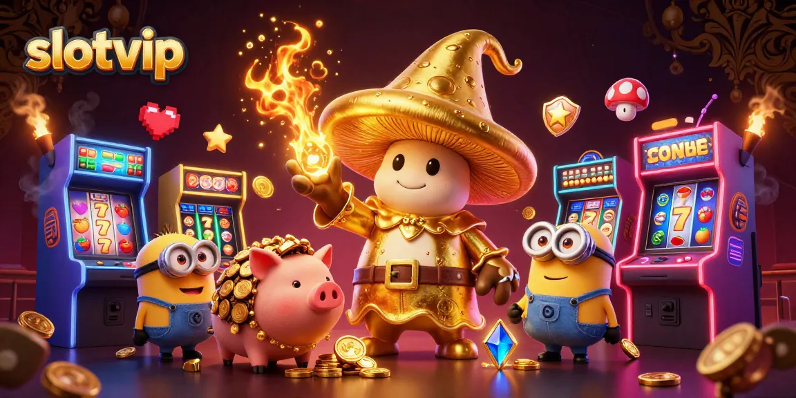 Experience epic wins with slotvip's magical golden wizard and treasure-hunting characters in this vibrant casino scene.