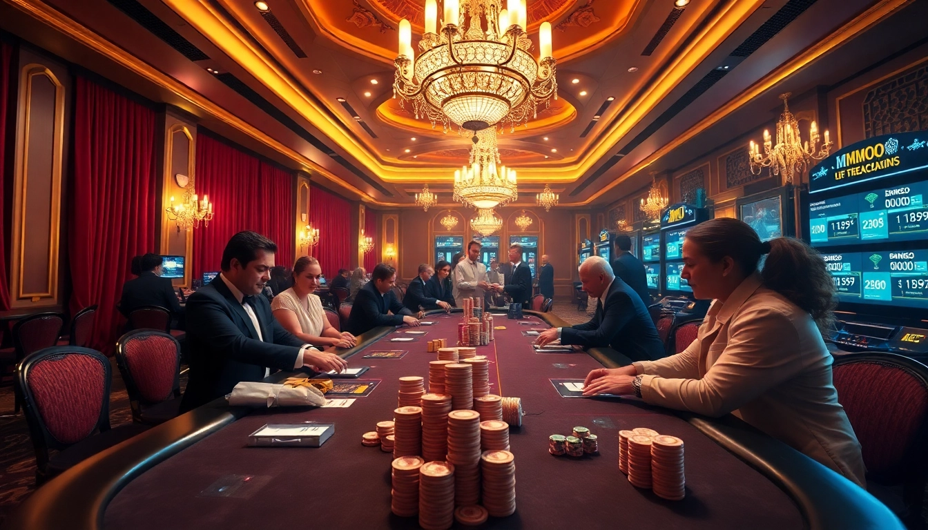 Engaging gamblers enjoying a luxurious MMOO casino experience with poker tables and dealer interactions.