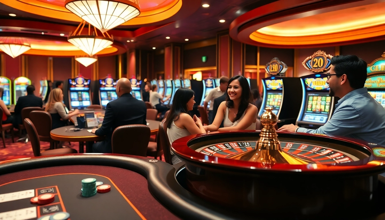 A vibrant LC88 casino gaming scene with poker tables and slot machines, showcasing excitement and luxury.