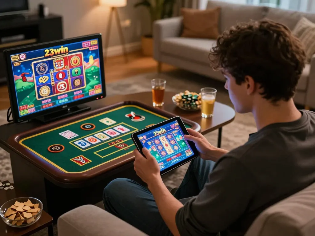 Engaging in online gaming sessions on 23win from a cozy home setting.