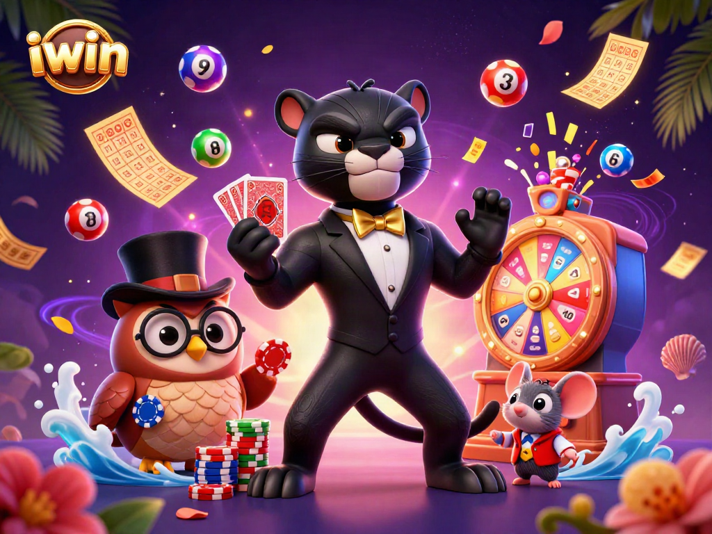 Experience the thrill with iwin's cartoon scene featuring a panther, owl, and mouse with vibrant casino elements.