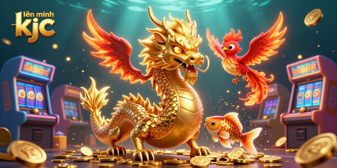 Experience the thrill of liên minh kjc with a dazzling scene of a dragon, phoenix, and koi fish amidst casino-inspired elements.