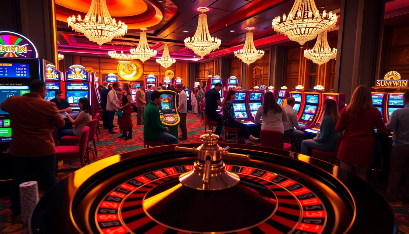 Players enjoying games at SUNWIN casino, featuring vibrant slot machines and a roulette wheel.