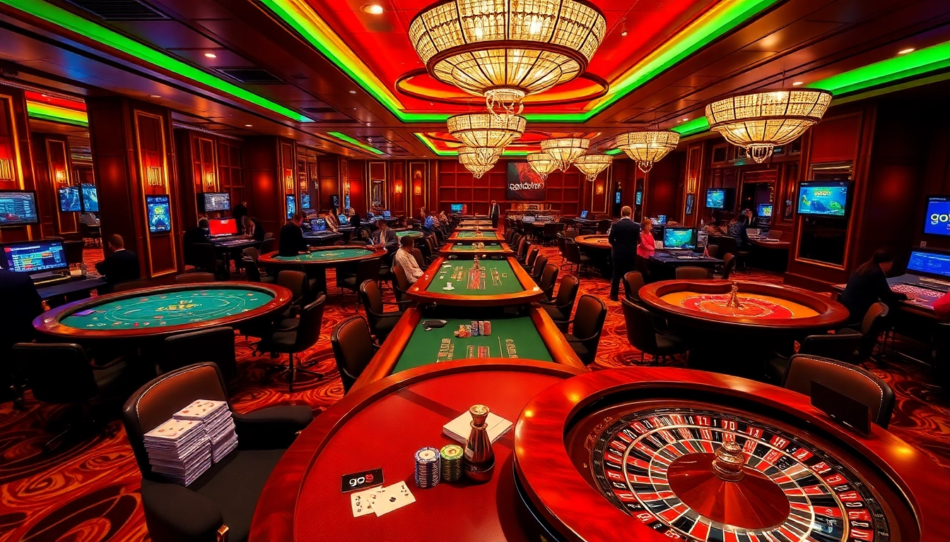 Experience the excitement of go8 gaming with casino tables, vibrant atmosphere, and engaged players.