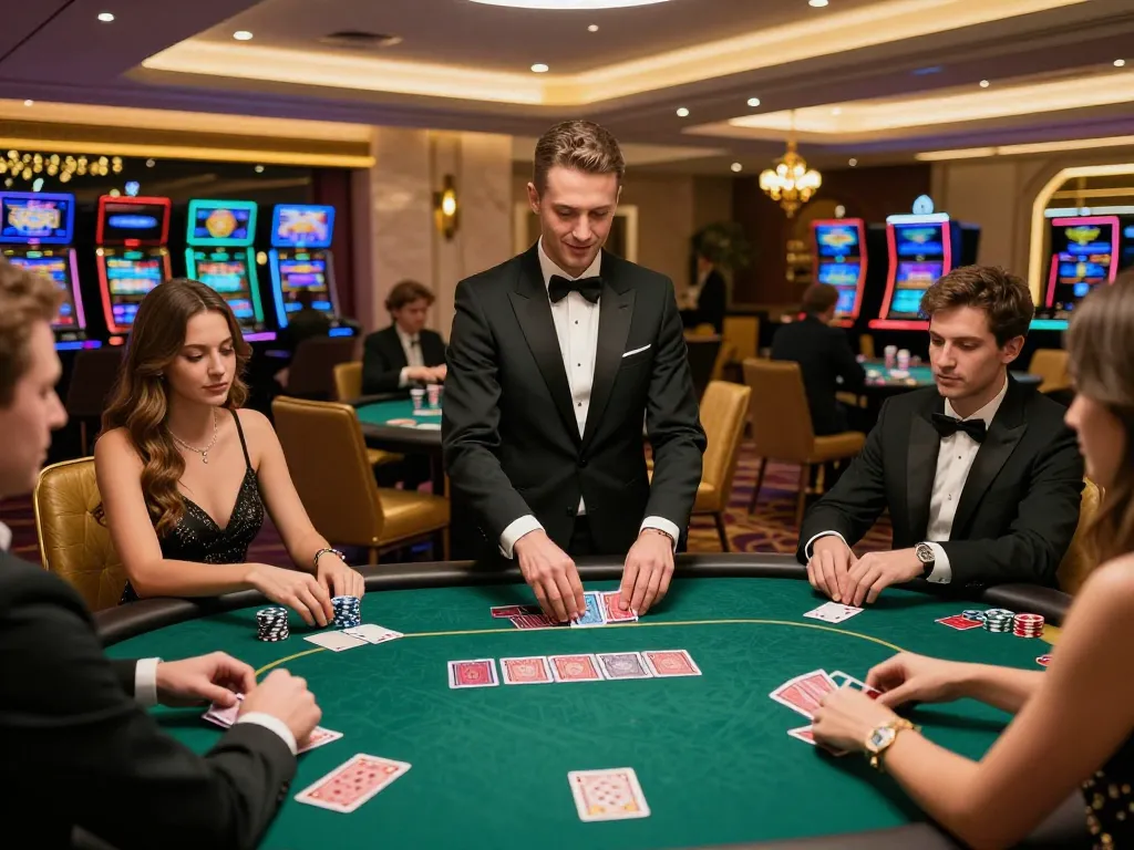 Engaging poker table scene showcasing open88 bet with players in action and dealer managing hands.
