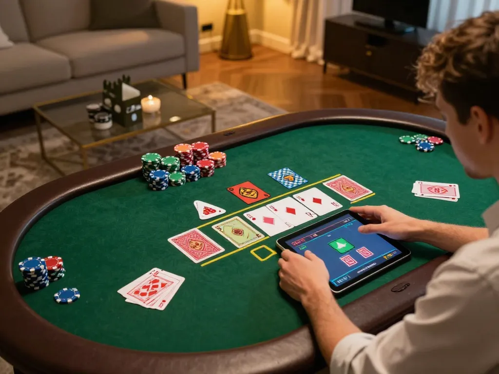 Engaged player strategizing at a lv88 casino blackjack game on a tablet, showcasing vibrant cards and cozy atmosphere