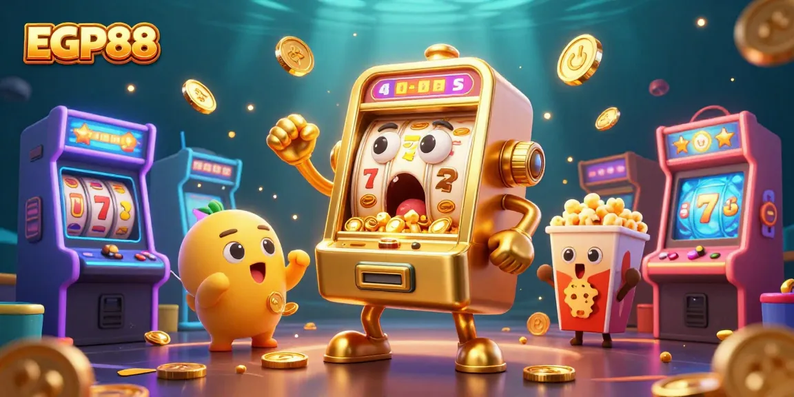 Menangkan jackpot di EGP88 dengan mesin slot bersinar dan positif, dikelilingi permainan arcade berwarna-warni.