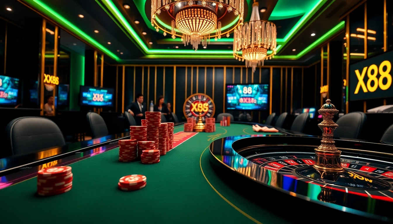 XX 88 casino scene showcasing vibrant gambling atmosphere with poker chips and digital games.
