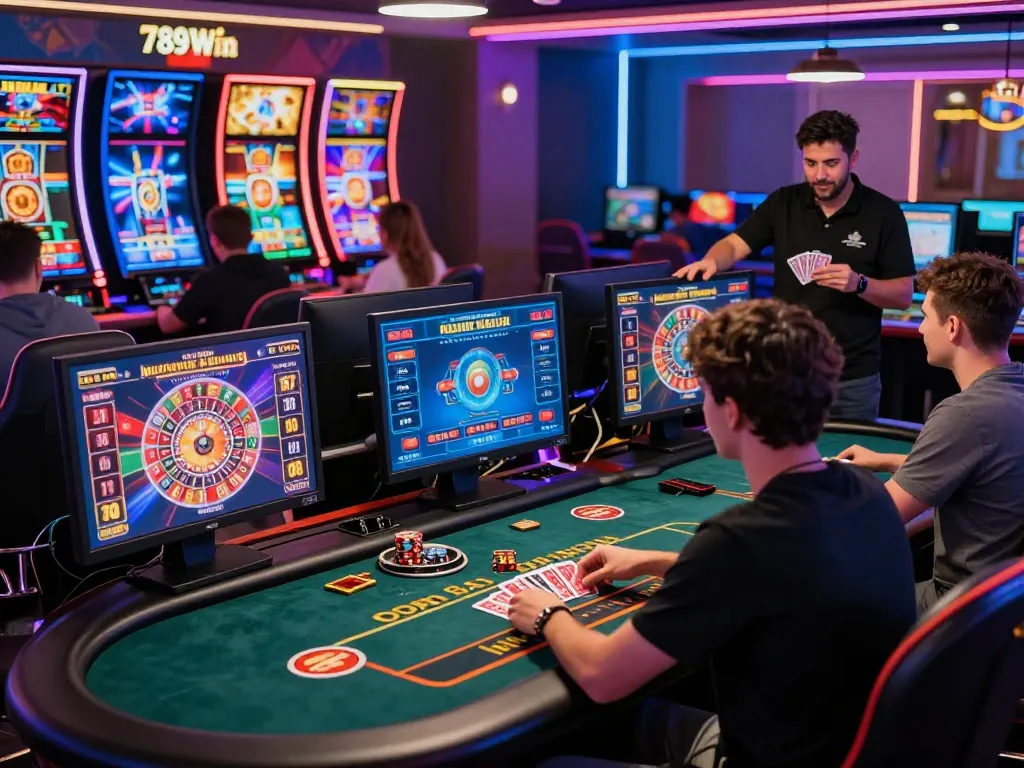 Engaging 789Win online gambling scene with players enjoying digital casino games like poker and slots.