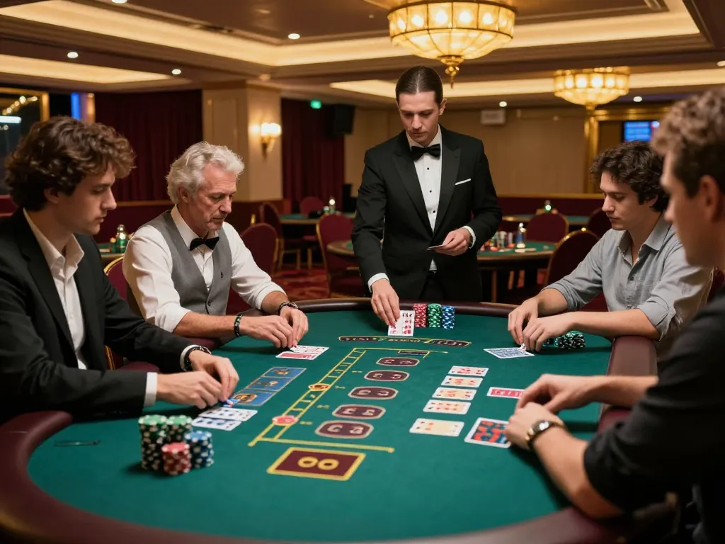Hello88 players strategizing at a blackjack table in a luxurious casino atmosphere.