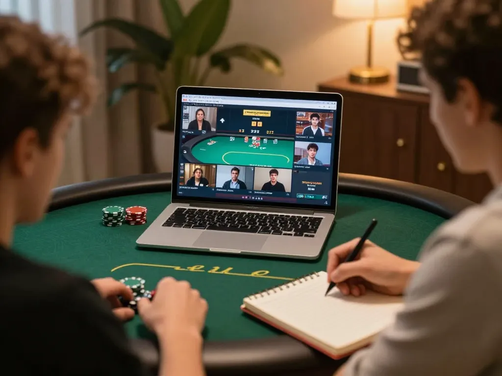Play online poker on GO8, showcasing multiple tables and strategic gameplay in a cozy environment