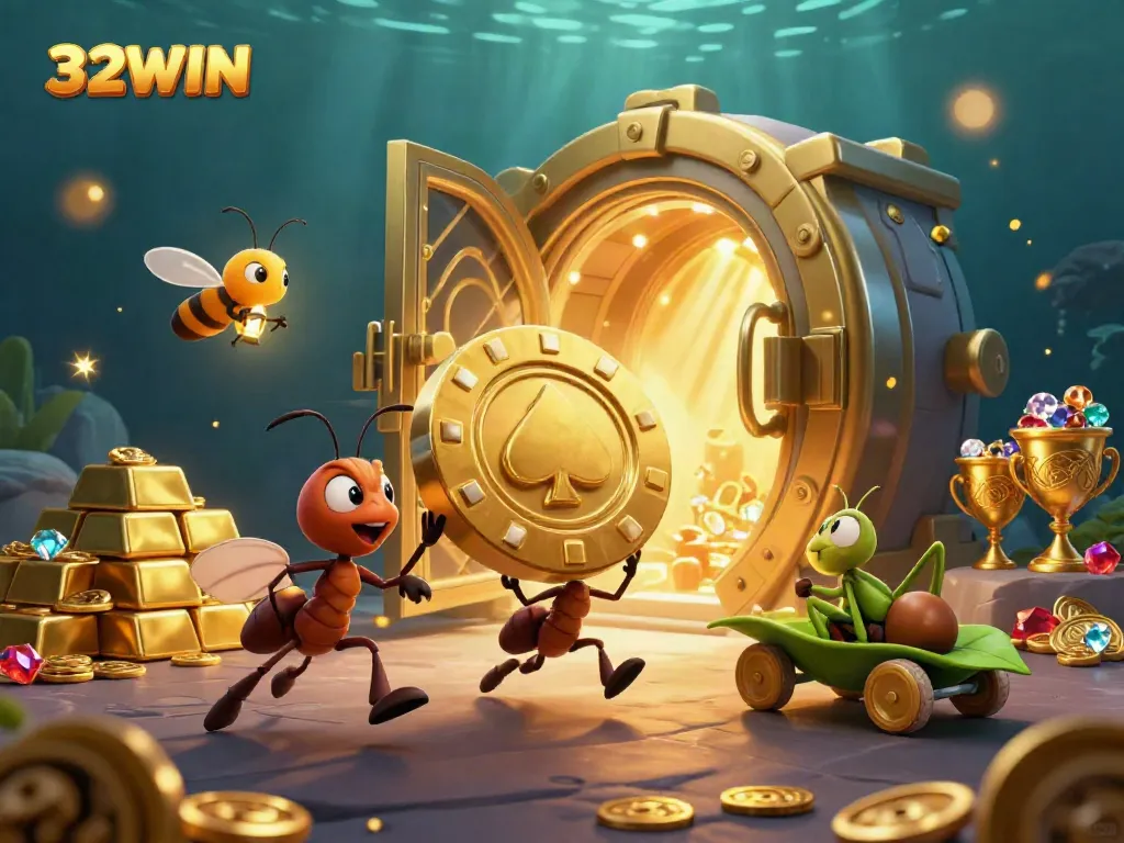 Experience winning strategies at 32WIN's thrilling casino adventure, where animated characters embark on a gold heist.