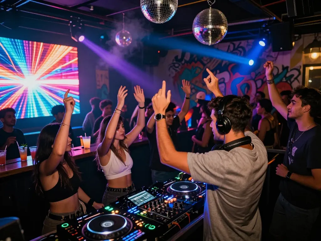 8Day electronic music event vibe with DJ and vibrant crowd in urban nightclub setting.
