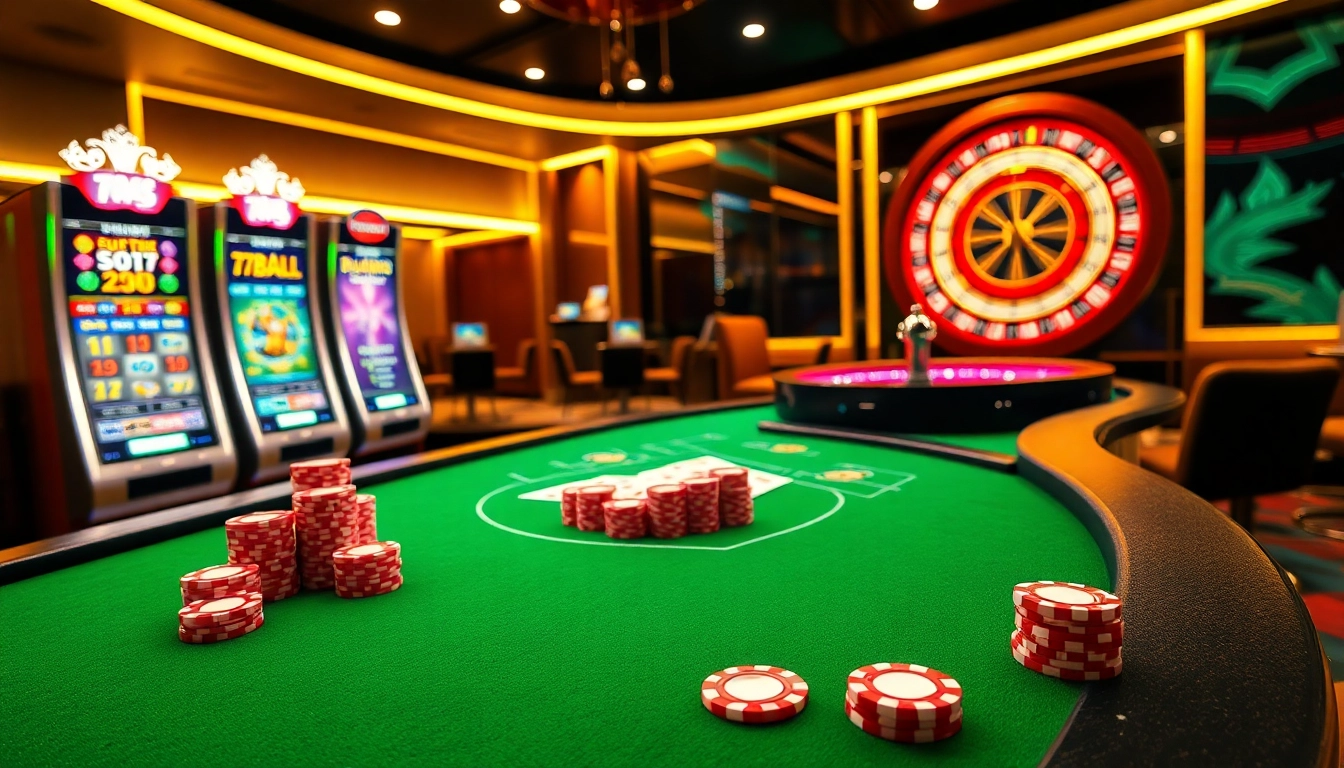 Experience thrilling gameplay at 77BALL with vibrant casino tables and engaging slot machines.