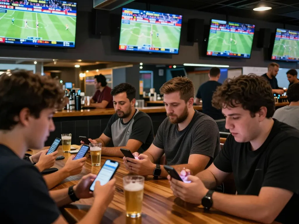Excited patrons enjoying thể thao mb66 betting in a lively sports bar, with smartphones and live games