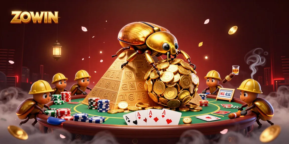 ZOWIN features exciting casino action with golden beetles amid a vivid poker scene.