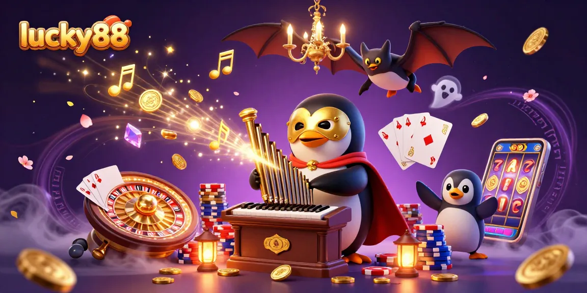 Play and win big at lucky88 with our colorful casino adventure featuring a penguin organist.