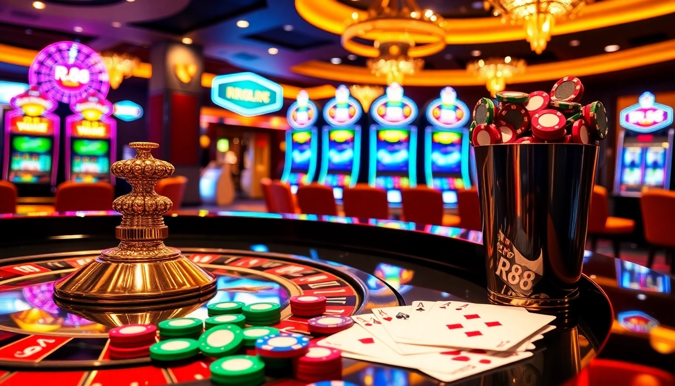 RR88 gaming scene with roulette table and poker chips showcasing luxury and excitement.