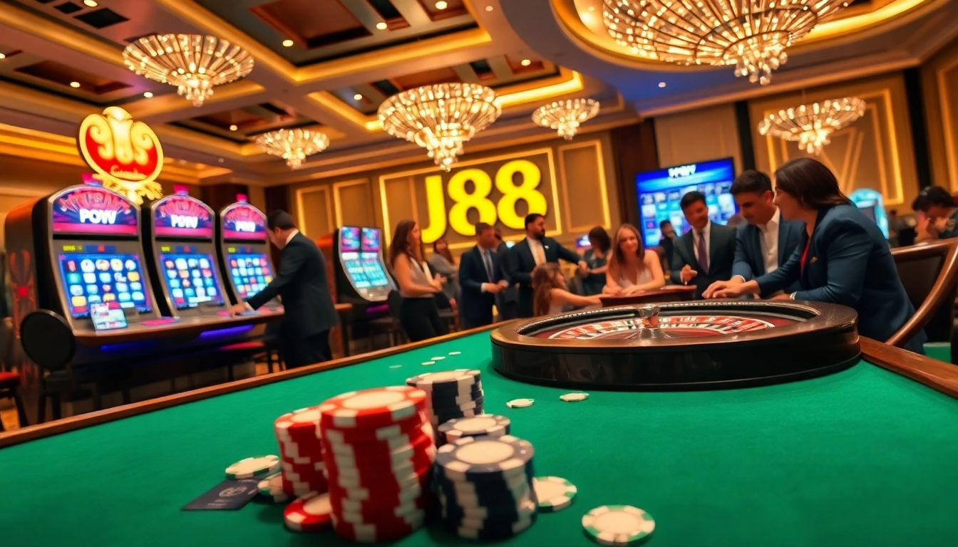 Players engaging in high-stakes games at J88 casino, showcasing excitement and luxury.