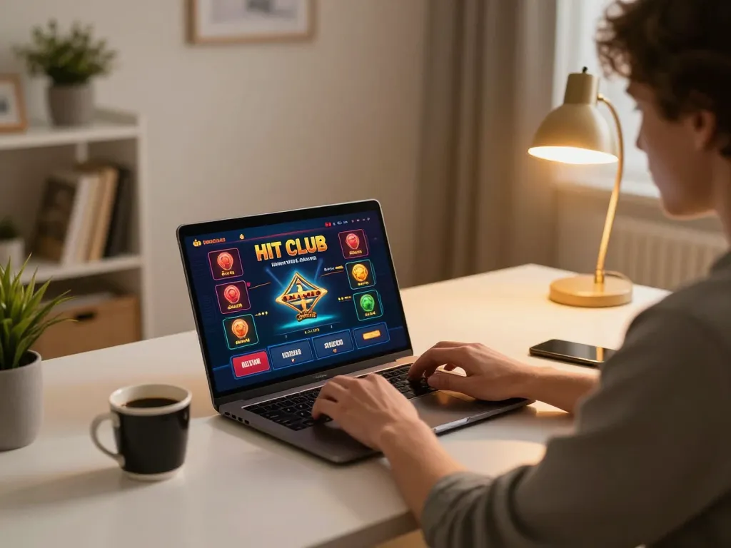 Engaging player enjoying HIT CLUB experience on a laptop in a cozy home office setup.
