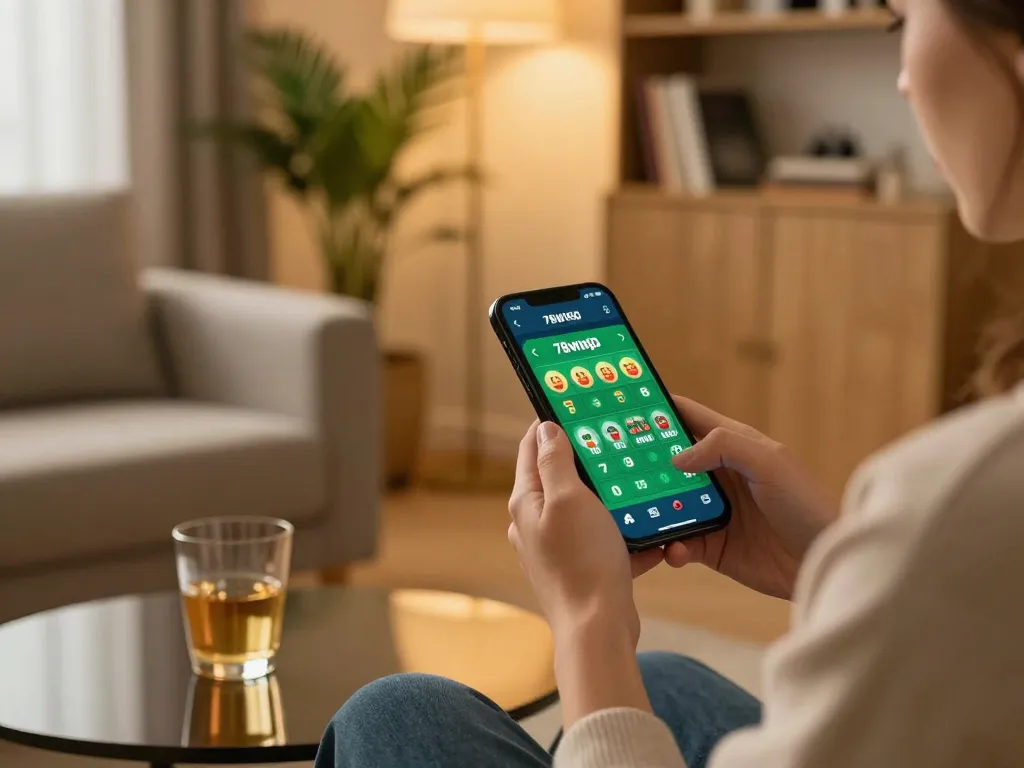 Engaging in mobile betting with 78wingo app, showcasing a stylish modern living room.