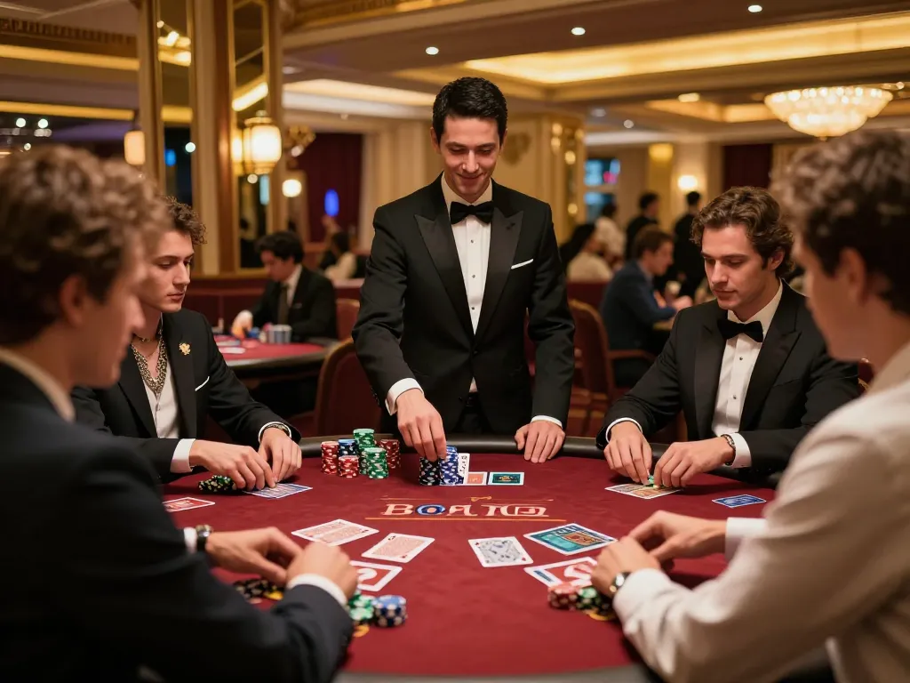 Players strategizing at a hit club blackjack table in a sophisticated casino setting
