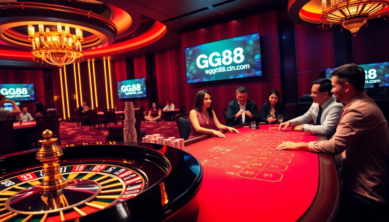 Players enjoying an immersive gaming experience at gg88.cn.com, featuring a luxurious casino setup, roulette wheel, and poker chips.