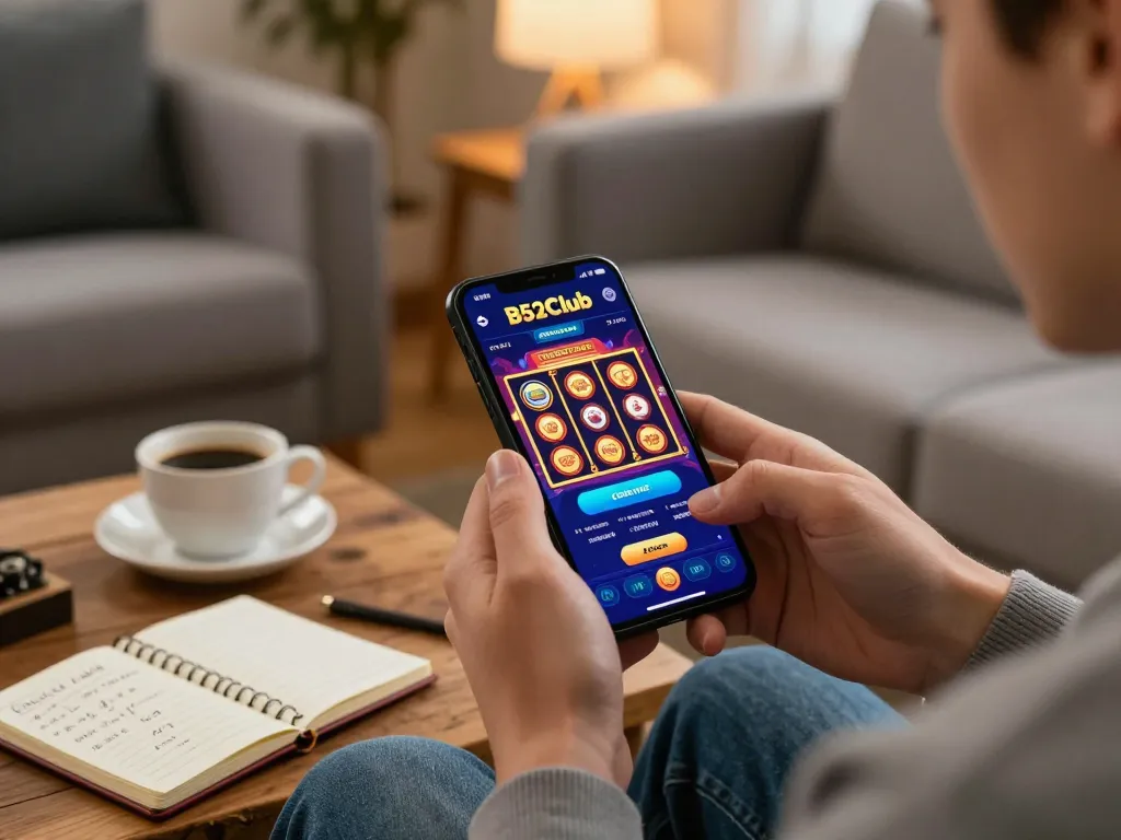 B52Club player engaged in online gaming on smartphone, showcasing lively casino interface in a cozy home environment.