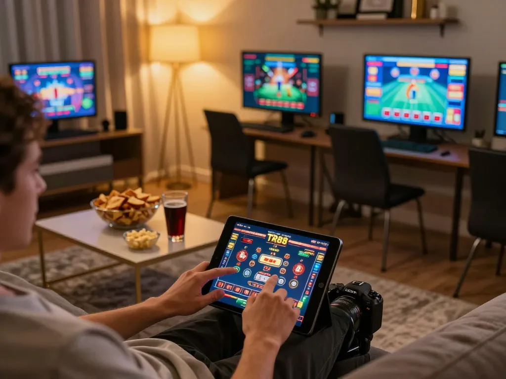 Engaging in thrilling online casino gameplay on TR88 from a cozy home setup.