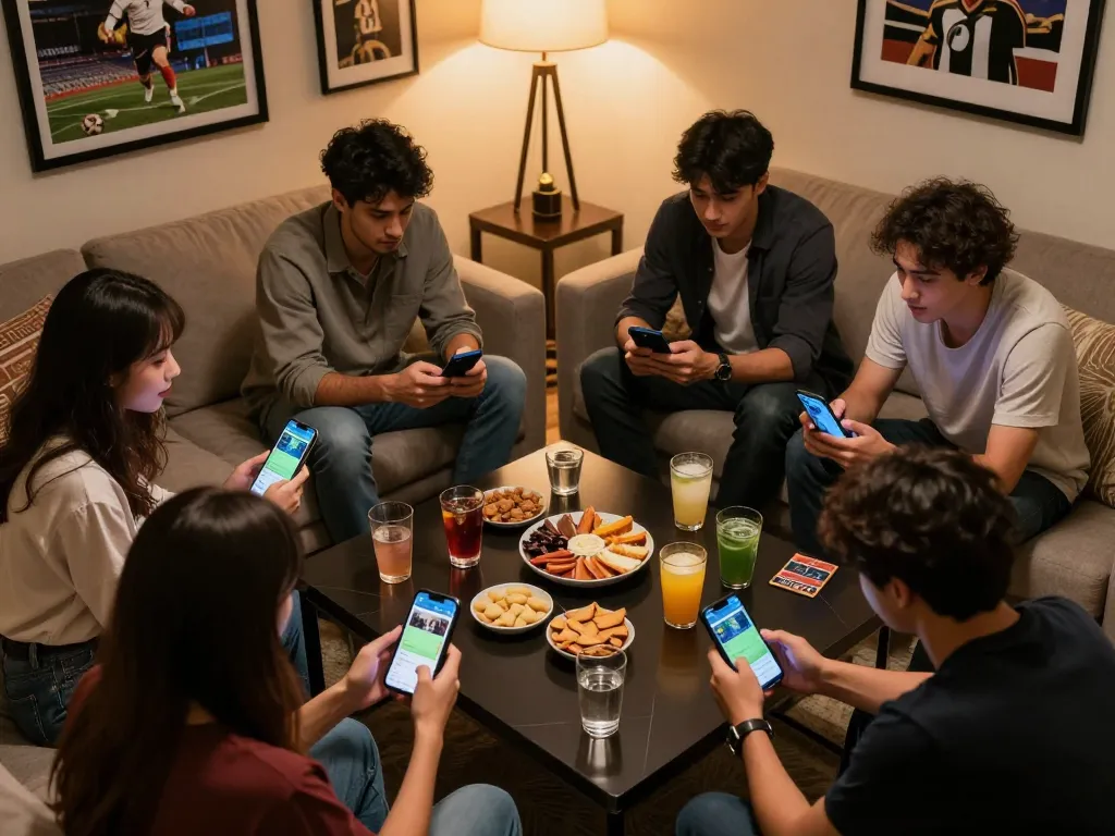 Friends enjoy sports betting on QQ88 mobile app during a lively gathering.