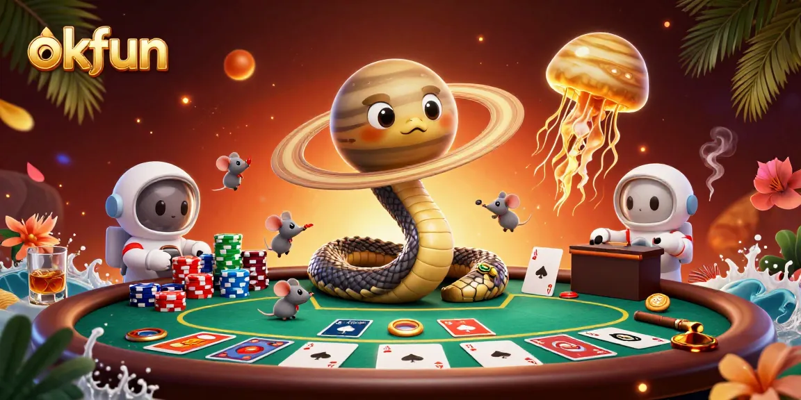 Experience the thrill of okfun with a vibrant casino scene featuring playful gambling characters.