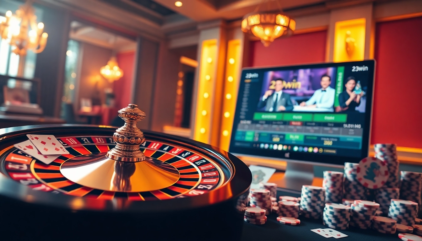 Exciting layout of 23win showing roulette and poker games with vibrant casino elements.