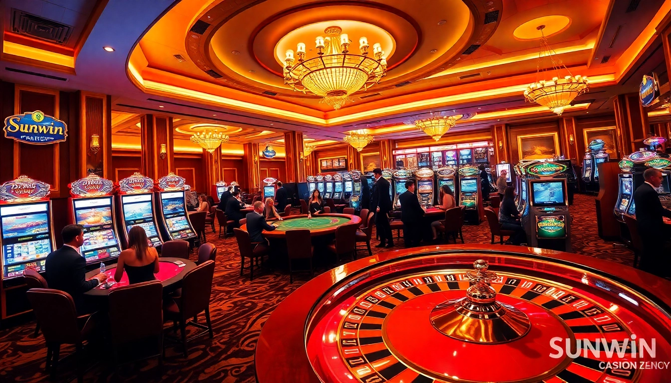 Sunwin casino scene with gamblers at poker, roulette, and slots in an opulent setting.