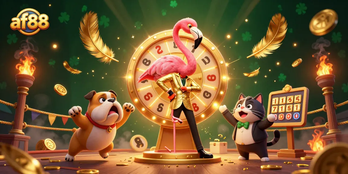 Spin big with af88's exciting golden prize wheel and gambling-themed characters in a dynamic casino scene.