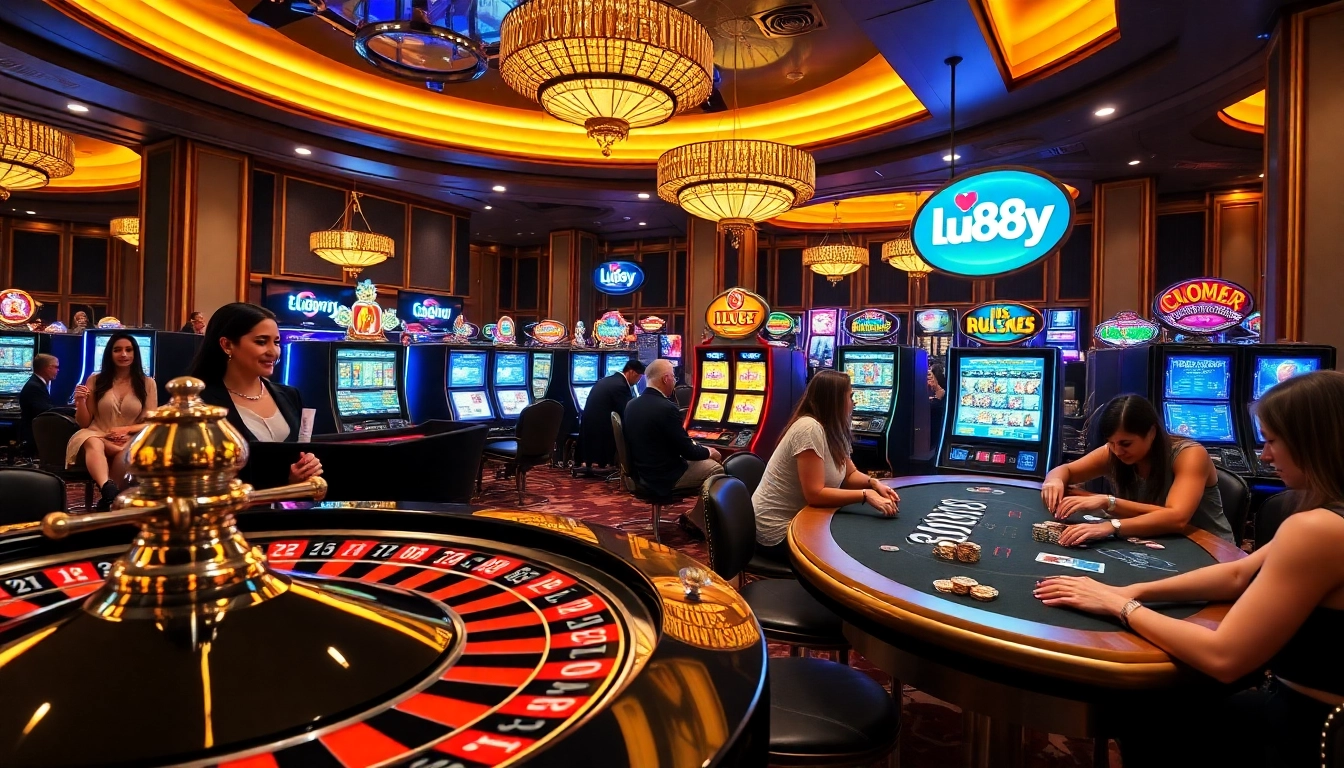 Experience the excitement of gambling at https://lu88y.com/ with luxurious casino visuals showcasing roulette wheels and poker tables.