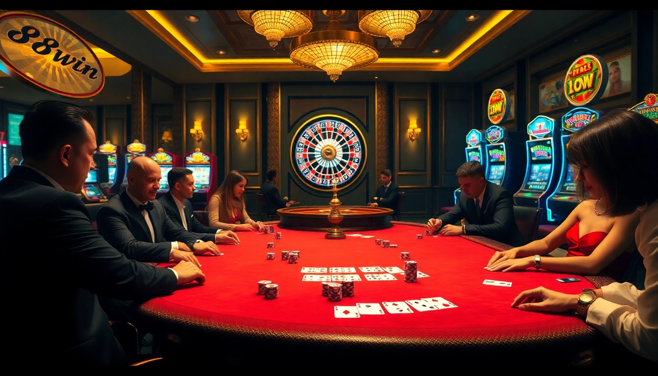 Experience the thrill of 98 win with vibrant casino tables and excited players at a poker game.