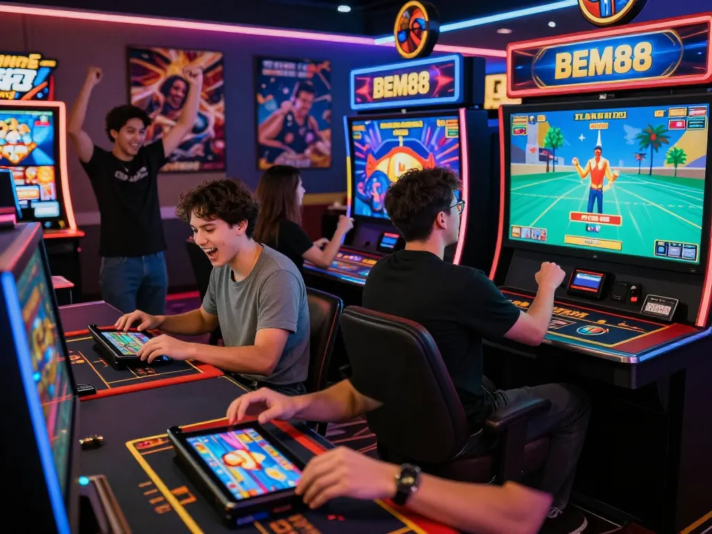 BEM88 online gaming environment with players enjoying slots, live casino, and fish shooting games, showcasing excitement and engagement.