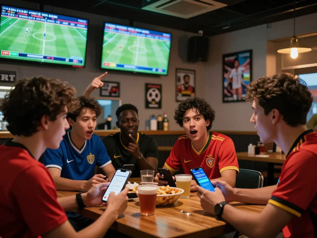 Friends engaged in nhân định kèo discussion during live football matches in a vibrant sports bar.