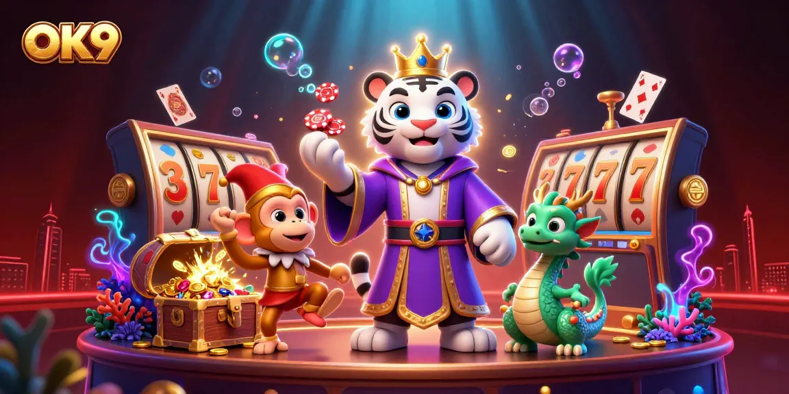 Experience the thrilling world of OK9 as a white tiger and golden monkey engage in a vibrant casino scene.