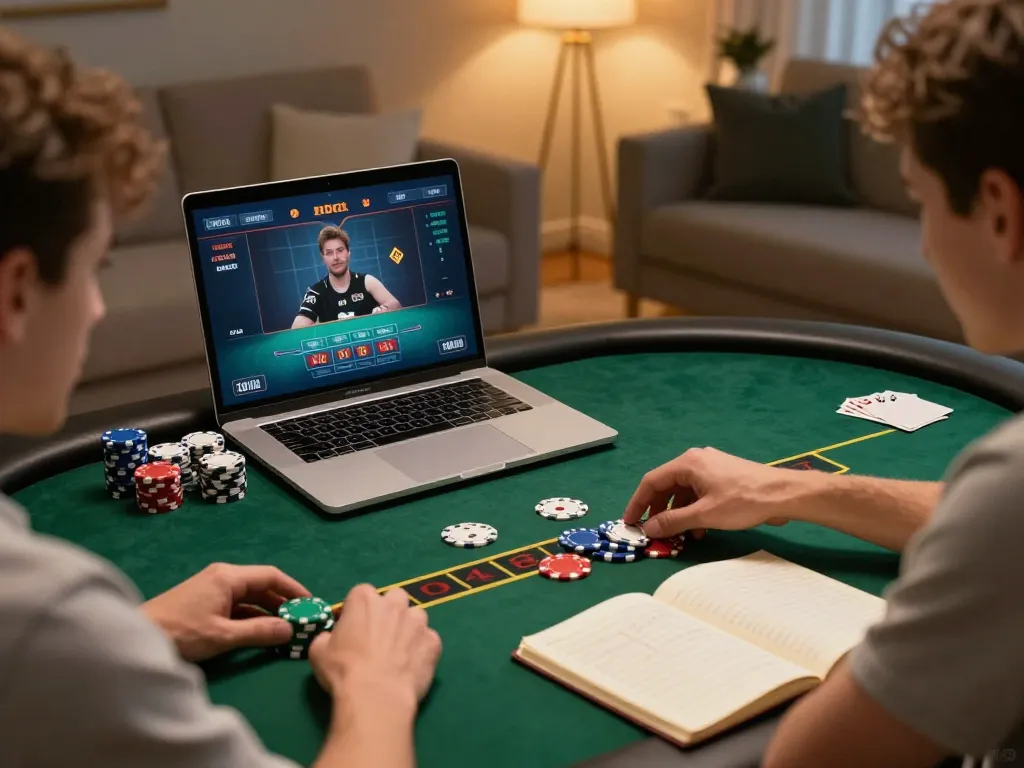 Nohu90 players analyzing poker strategies at a cozy home gaming setup