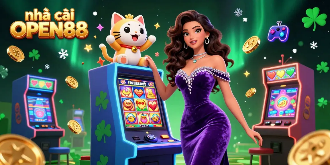 Spin and win with nhà cái OPEN88 at a vibrant casino scene featuring jackpot slots and festive elements.
