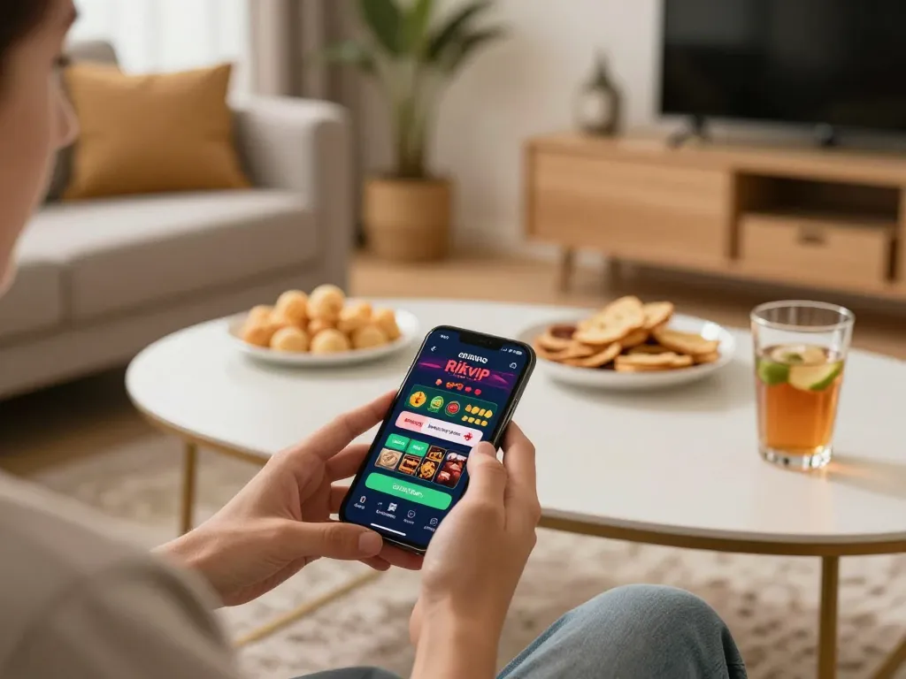 Player engaging with the Rikvip app on a smartphone in a cozy home setting, showcasing online gambling.