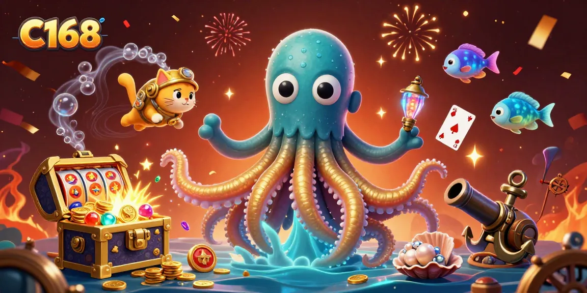 Engage with C168 by diving into a vibrant casino scene featuring a kraken, diving cat, and treasure elements.