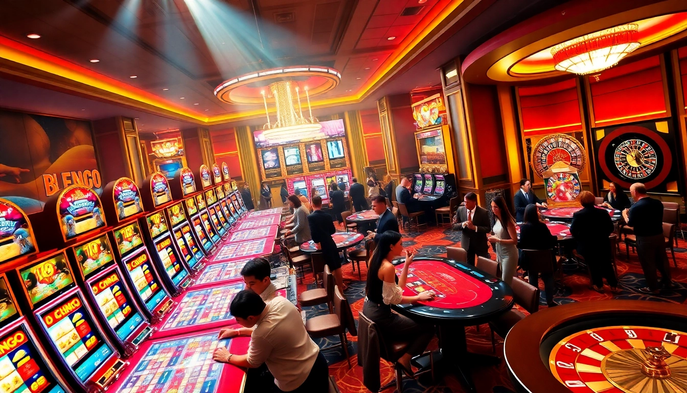 Bong88 players enjoying a vibrant gambling experience in a luxurious casino setting.